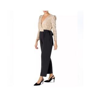 Julia Jordan NEW Crepe Sequin Bodice Puff Long Sleeve Black Ivory Jumpsuit Sz 2